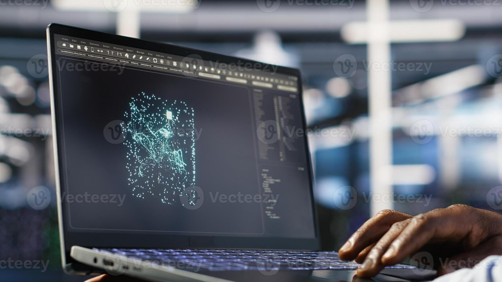 Close up of data center admin using machine learning algorithms on laptop to analyze large datasets. Server farm worker using artificial intelligence on notebook to recognize data patterns, camera B photo