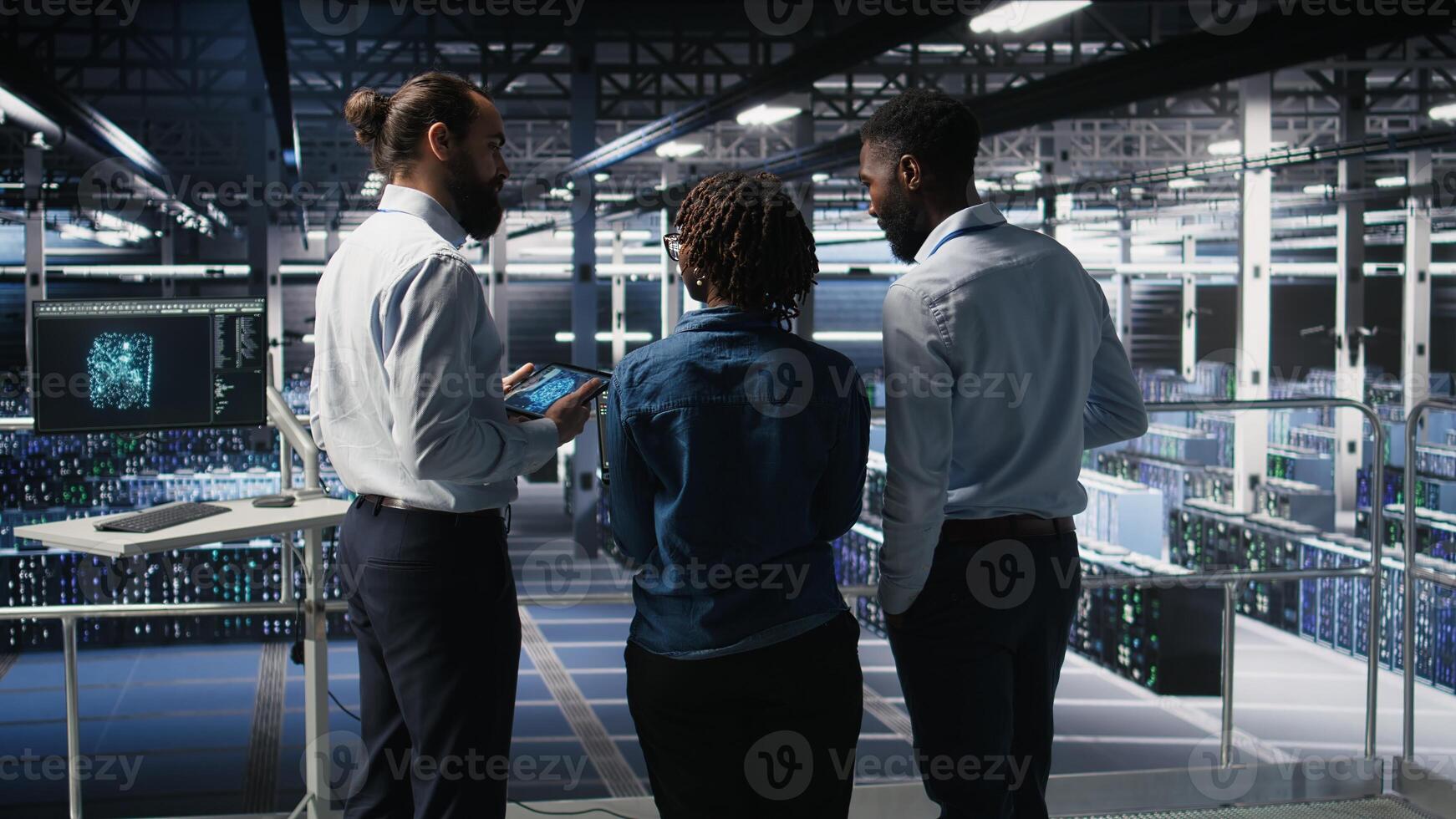 Software developers in data center monitoring AI LLM visualization. Server farm teamworking colleagues doing brainstorming, overseeing rigs powering machine learning processes, photo