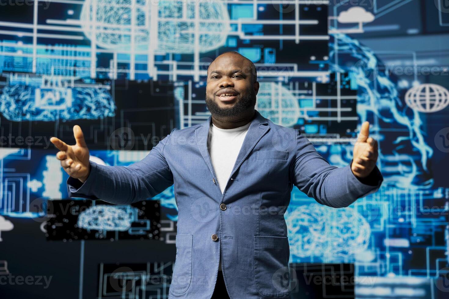Black futurist entrepreneur working with artificial intelligence and automation, using a digital interface to drive connectivity, data processing and machine learning via neural networks. photo