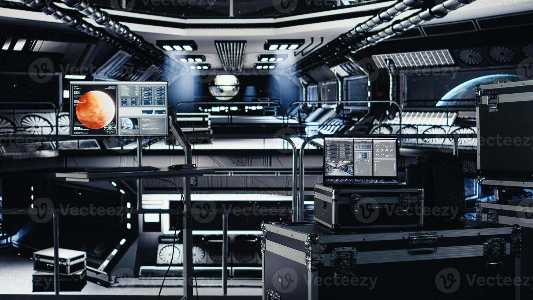 Laptop in starship showing thermal stability and core performance metrics during orbital flight to Mars. Spaceship engine readouts analytics on notebook during trip to alien red planet photo