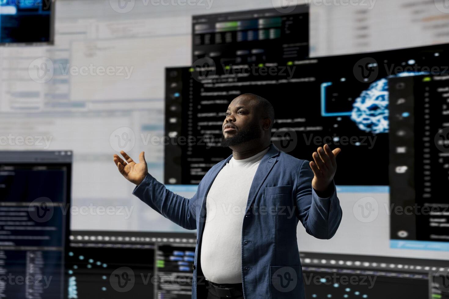 Black professional software engineer programming for tech innovation, reviewing data and binary code on the dashboard. IT specialist examining programming language code for transformation. photo