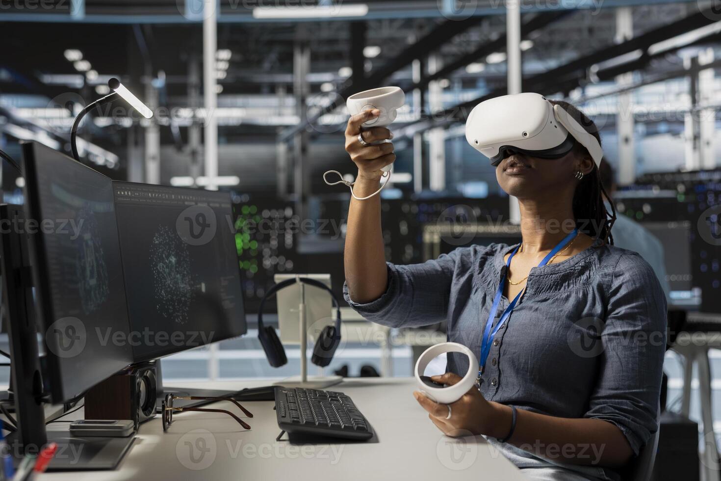 Data center worker wearing VR equipment using artificial intelligence neural networks technology. Server farm admin using virtual reality headset and AI programming language to configure hardware photo