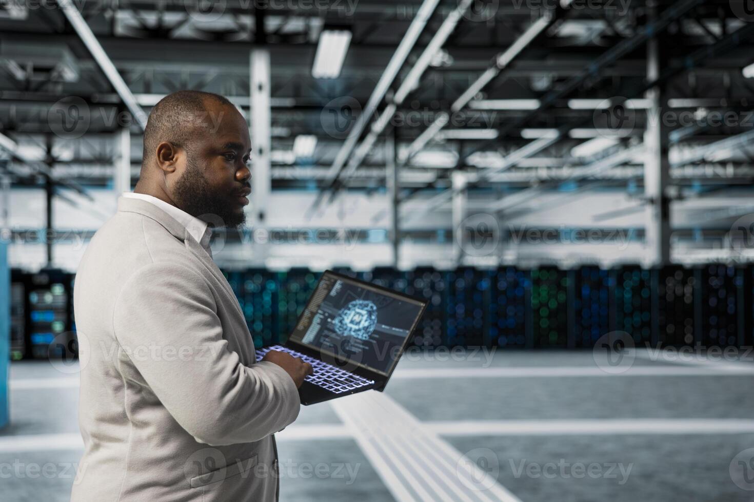 Software developer working in data center providing computing resources and storage to enable AI training and inference. Server room IT specialist using machine learning tech to optimize operations photo