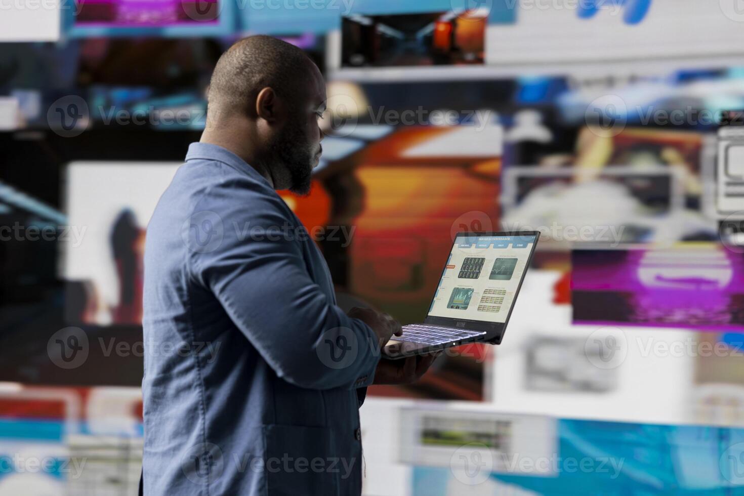 Young african american person connected in a world of platforms and digital content, representing the future of social engagement, AI driven networks and interactive web experiences. User interface. photo