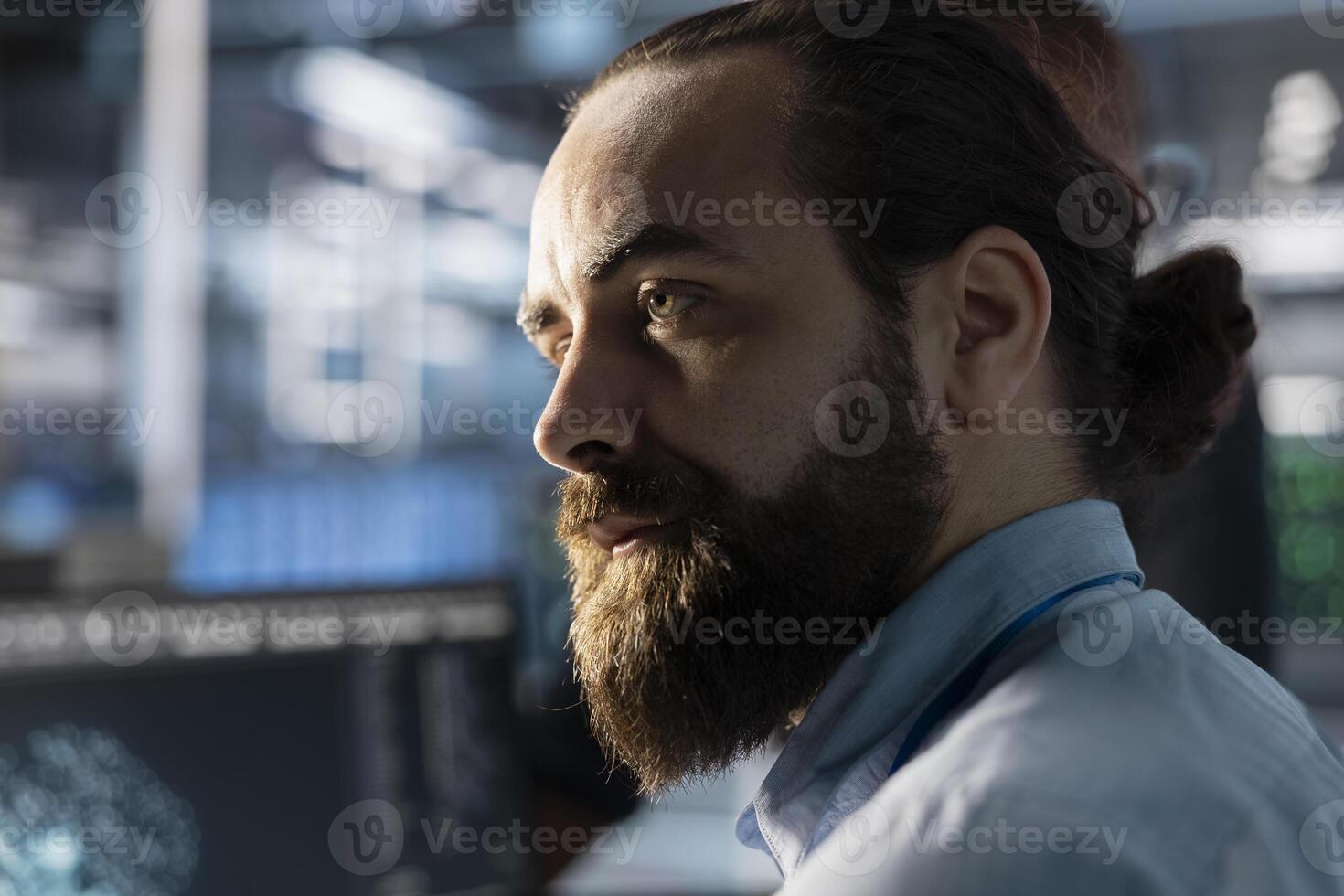 Data center admin doing software updates, verifying neural network parameters in workplace. Close up of server hub IT specialist inspecting configurations, ensuring optimal application performance photo