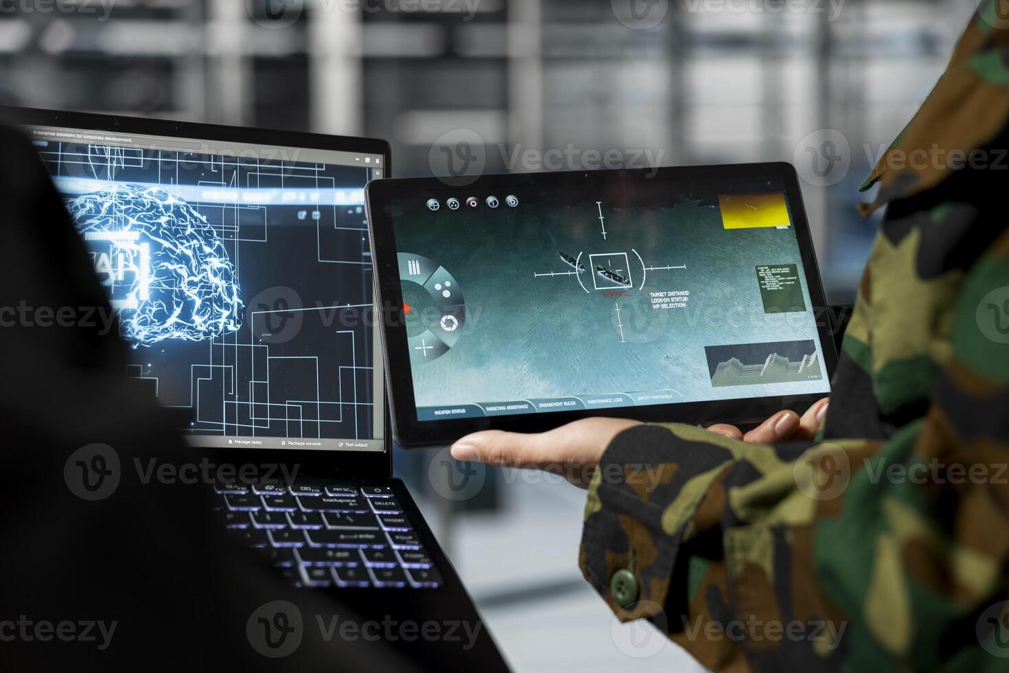 Close up of military server room engineers analyzing neural networks powered surveillance data together. Data center army specialists comparing target coordinates photo