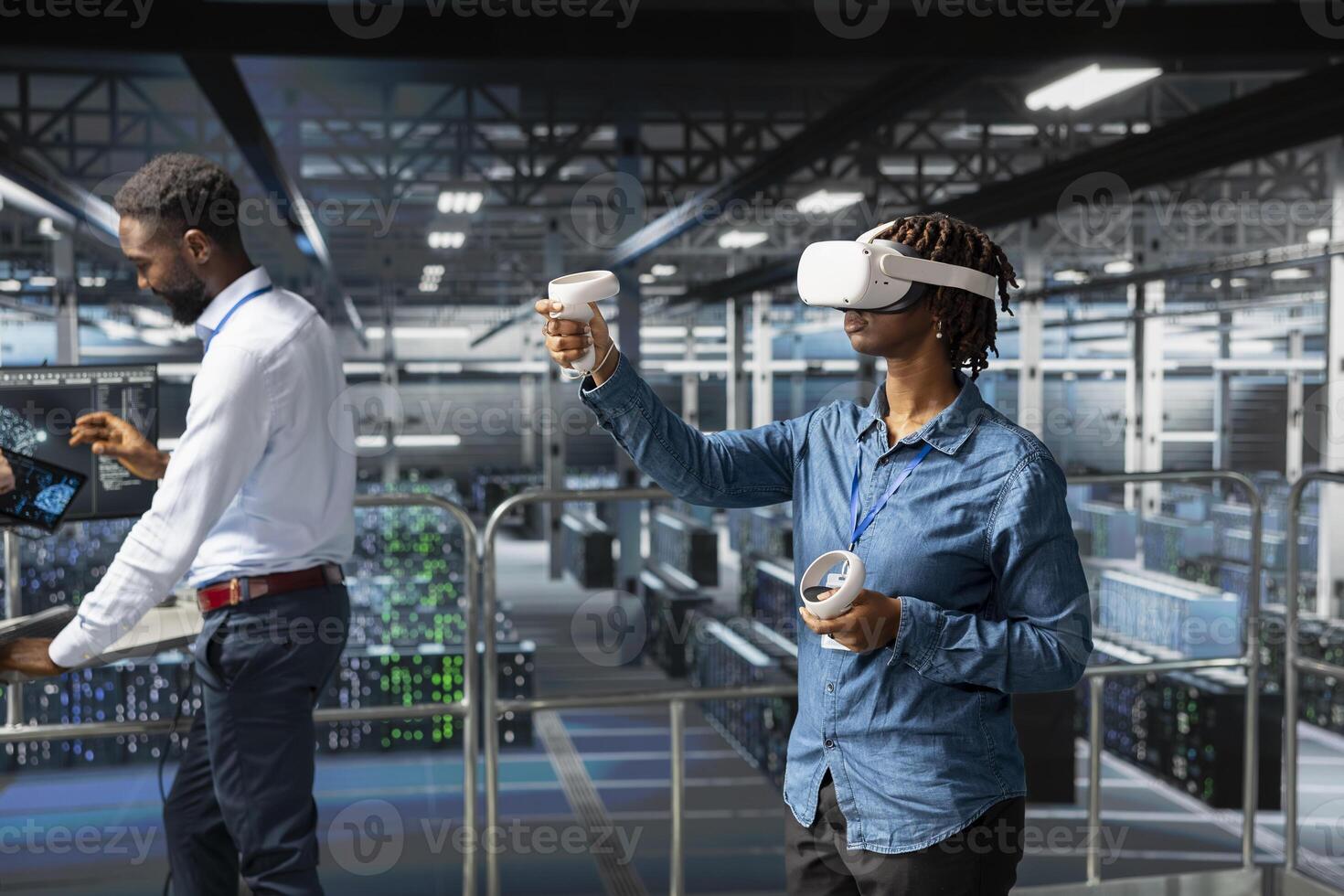 Black female admin with VR headset using artificial intelligence neural network tools, ensuring data visualization checkup. Software developer using AI programming language and virtual reality. photo