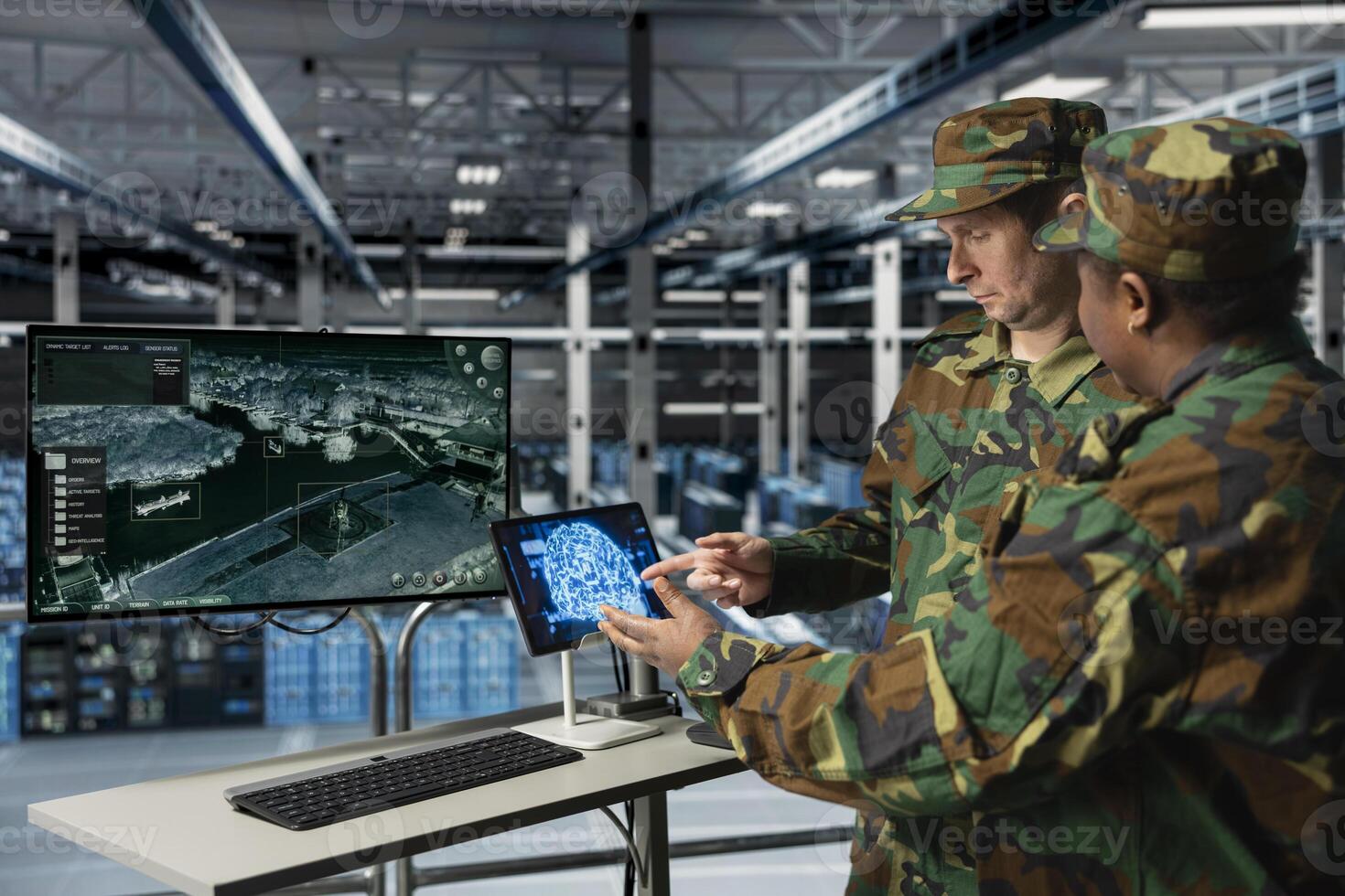 Military experts in data center reviewing drone surveillance feed using AI on tablet. Army units in high tech server room doing battlefield reconnaissance operations using artificial intelligence photo