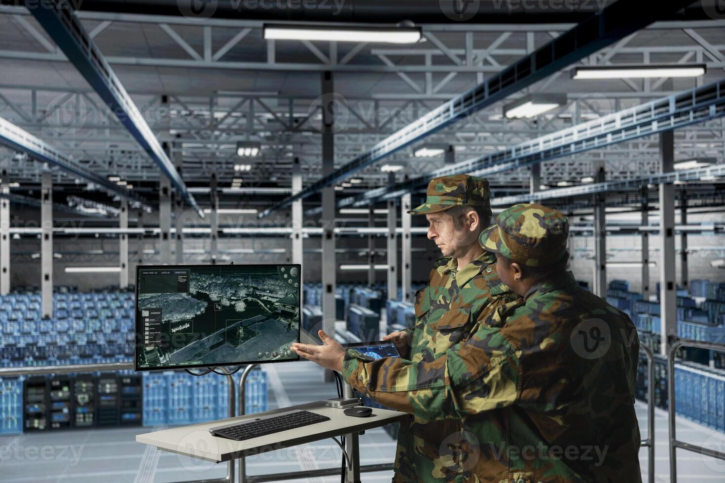 Teamworking army experts in data center visualizing thermal surveillance feed from deployed satellites. Military units in server room tracking enemy hostile movements using orbital scans photo
