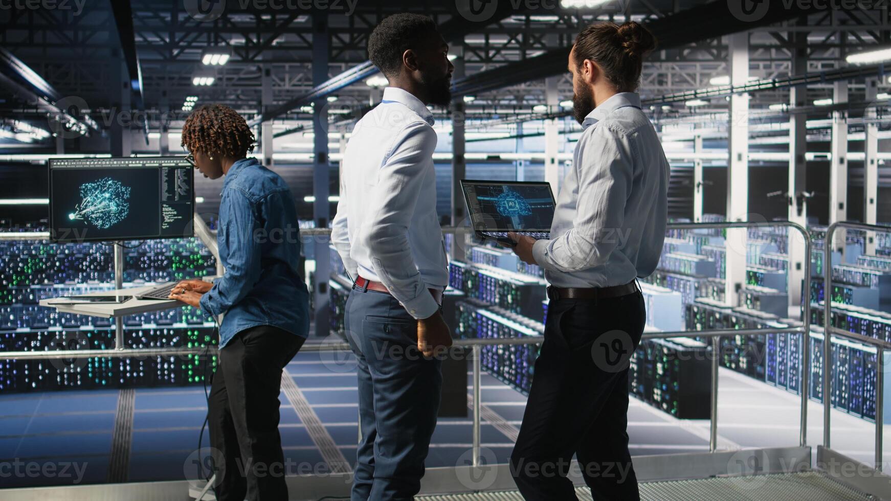 Server farm coworkers doing infrastructure AI machine learning automatization. Data center computer scientists collaborating to maintain servers using artificial intelligence, photo