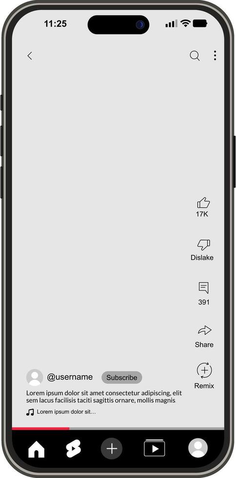 YouTube Shorts mobile app mockup with a vertical player interface, vector