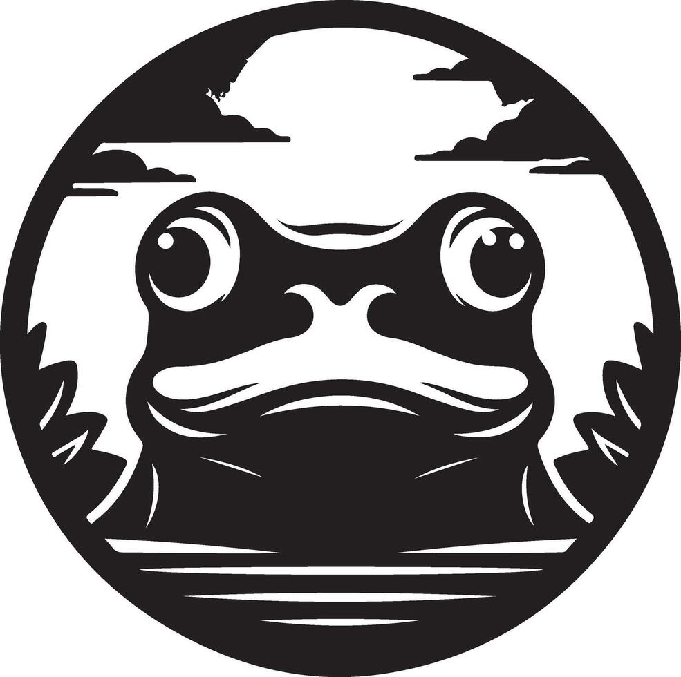 Whimsical stylized frog face artfully contained within a circular frame showcasing a serene water and sky backdrop for creative projects vector