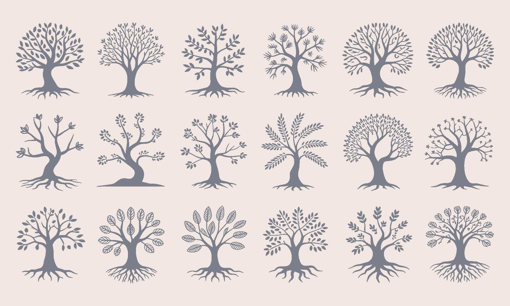 Collection of diverse stylized trees with visible roots and branches in grey silhouette on a light pink background vector