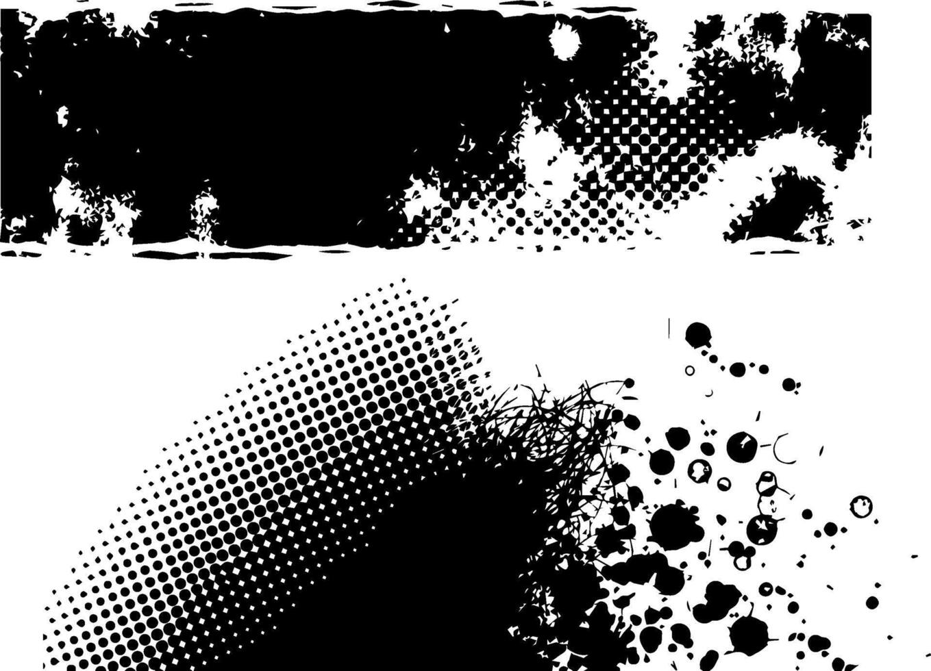 Black and White Abstract Grunge Texture with Halftone and Splatter Elements. vector