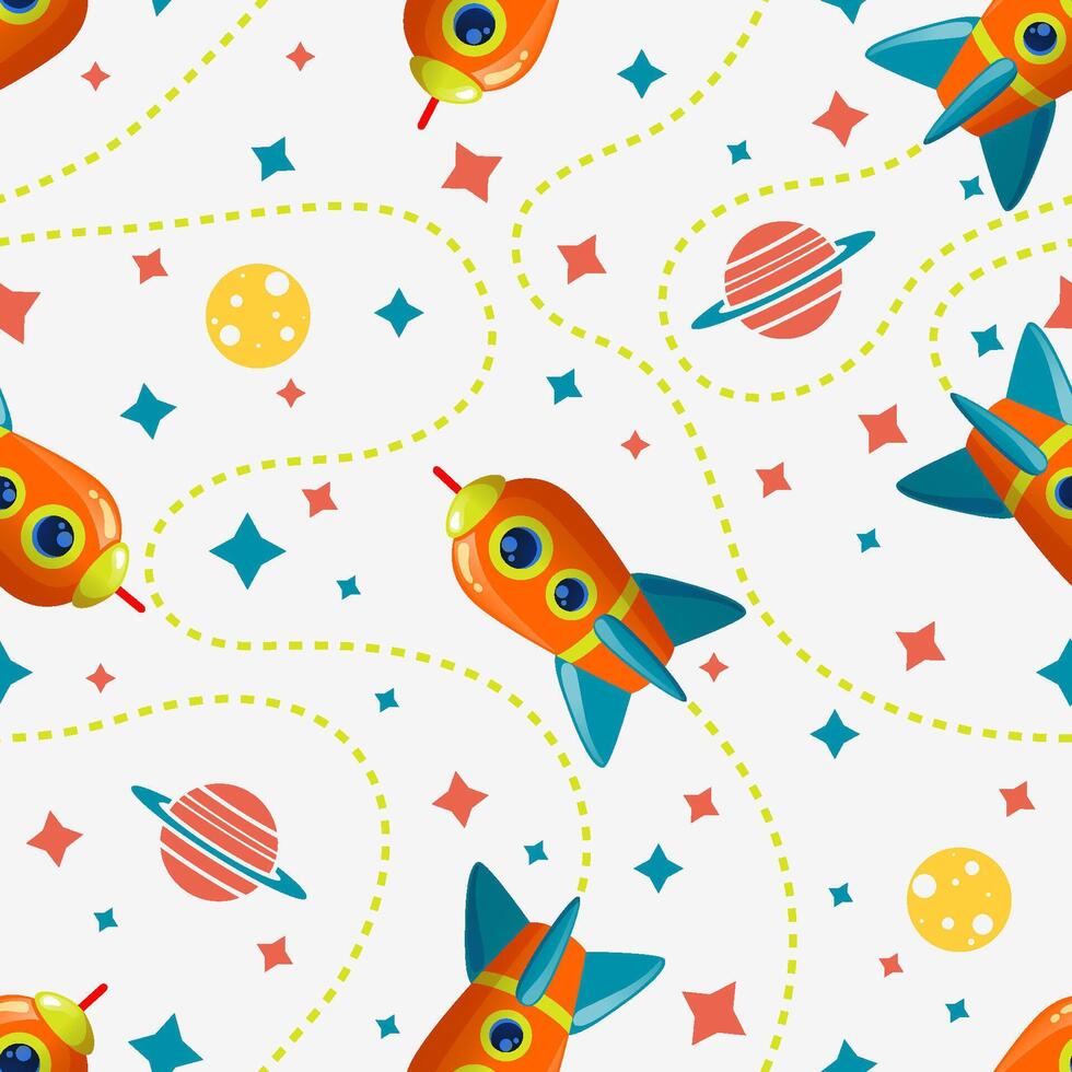 Seamless cosmic pattern with rocket, saturn, moon and star. Space pattern on white background vector