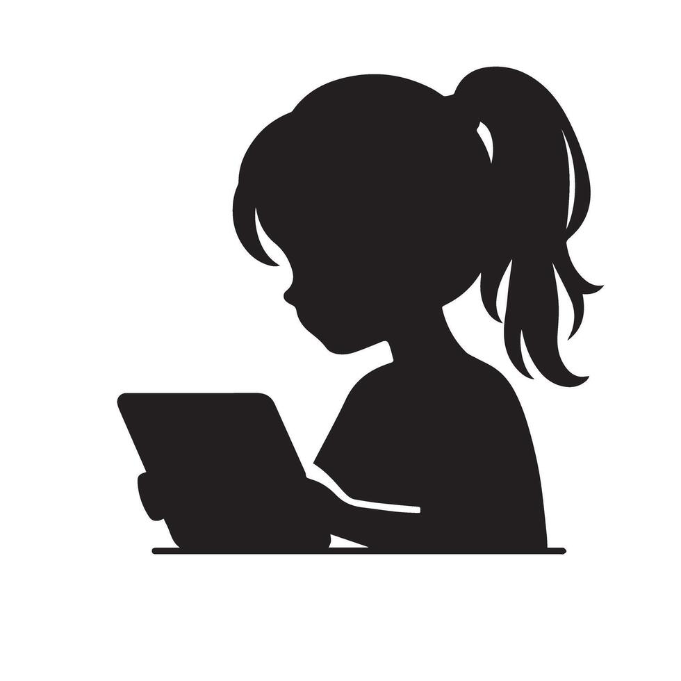 silueta de un niña utilizando un tableta computadora vector