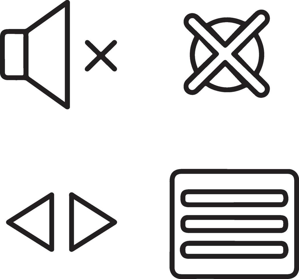 A collection of essential user interface elements and icons, including audio mute, rewind, fast forward, and menu symbols for digital applications vector