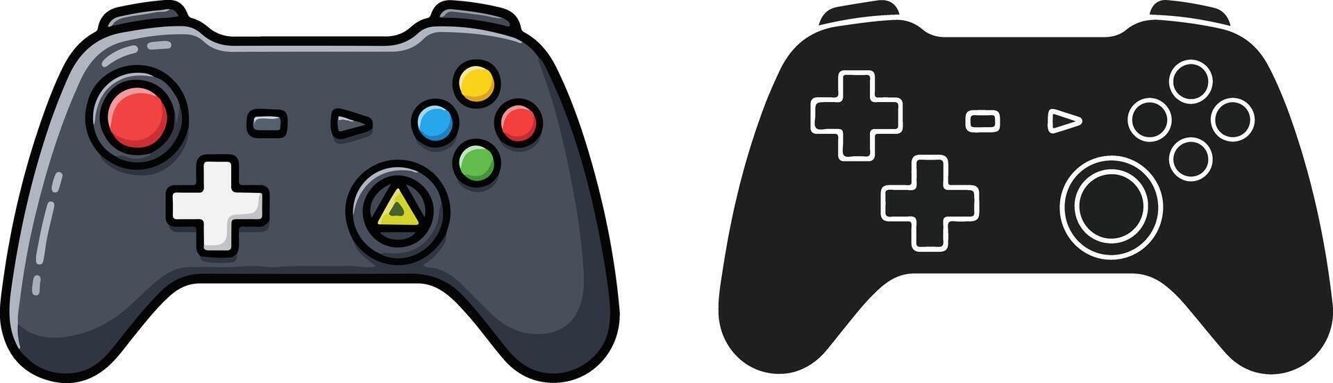 A pair of game controllers, one full color and one black silhouette, ideal for gaming concepts vector