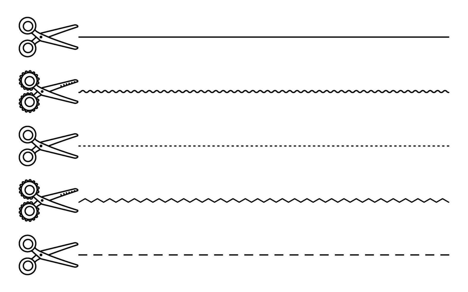 Scissors cutting lines set, elegant and simple black linear shears in various styles and shapes. Cut lines across paper pages, monochrome bundle vector