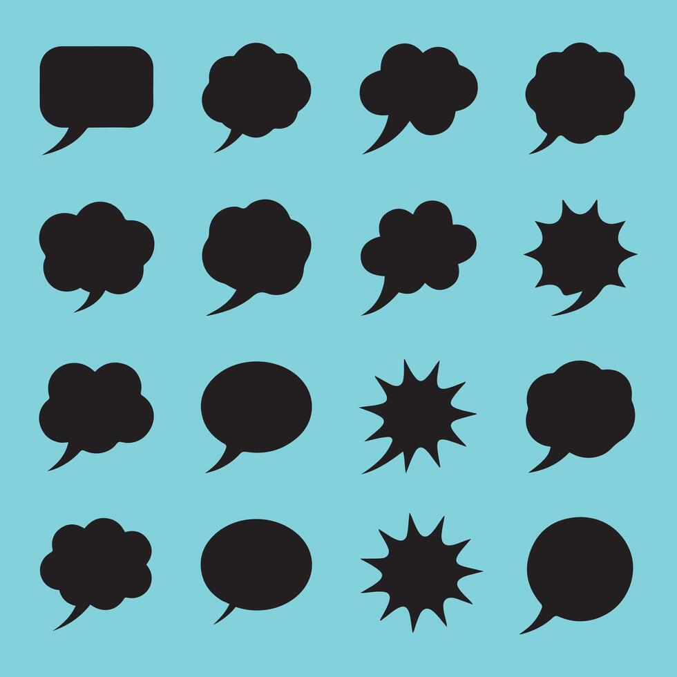 Speech and Thought Bubble Silhouette Set 16 Black Icons with Varied Shapes on Light Blue Background for Comics, UI, and Visual Storytelling vector
