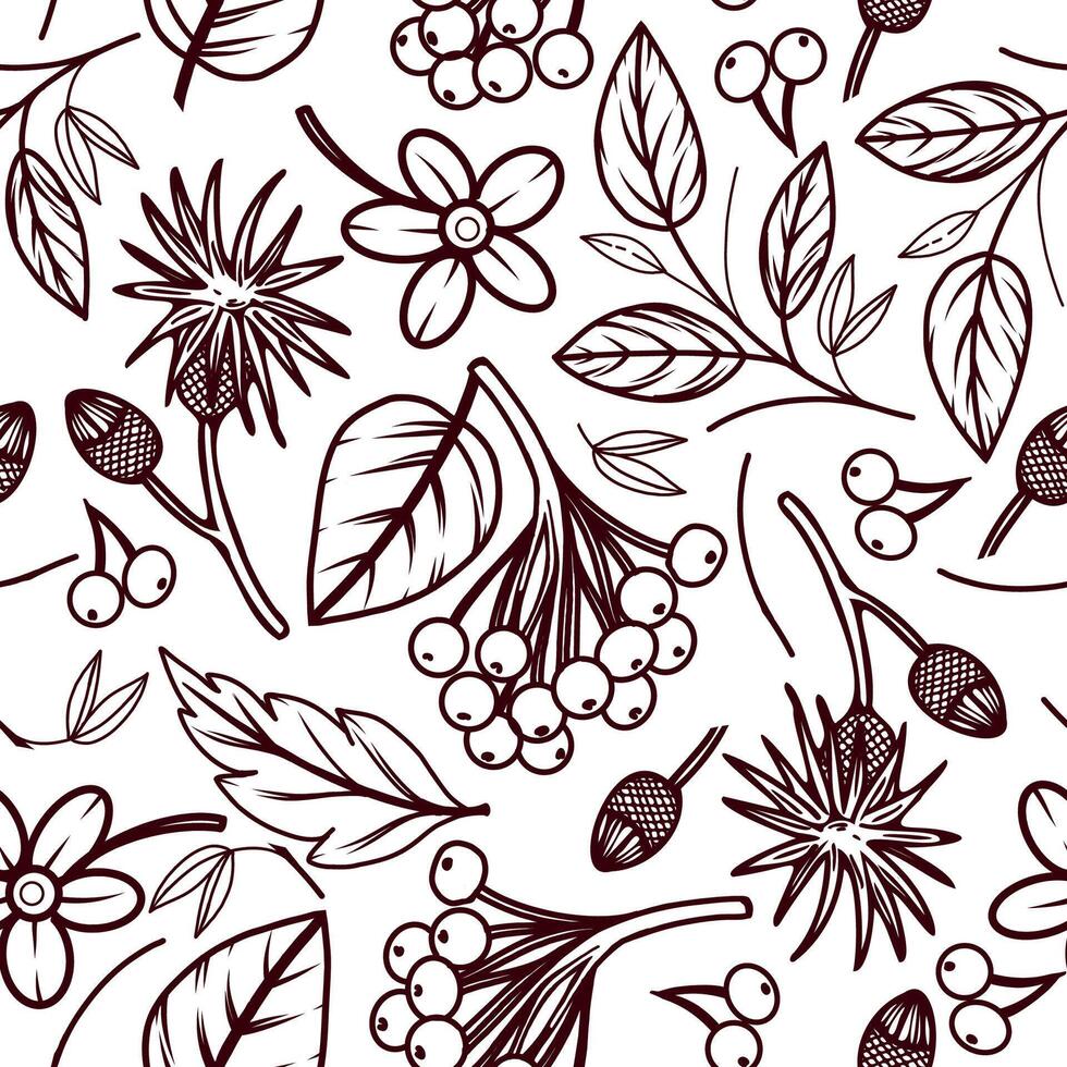 Seamless pattern. Leaves, berries, twigs and plants of the forest, all hand-drawn in . The illustration is suitable for printing on fabric, paper, textiles and design vector
