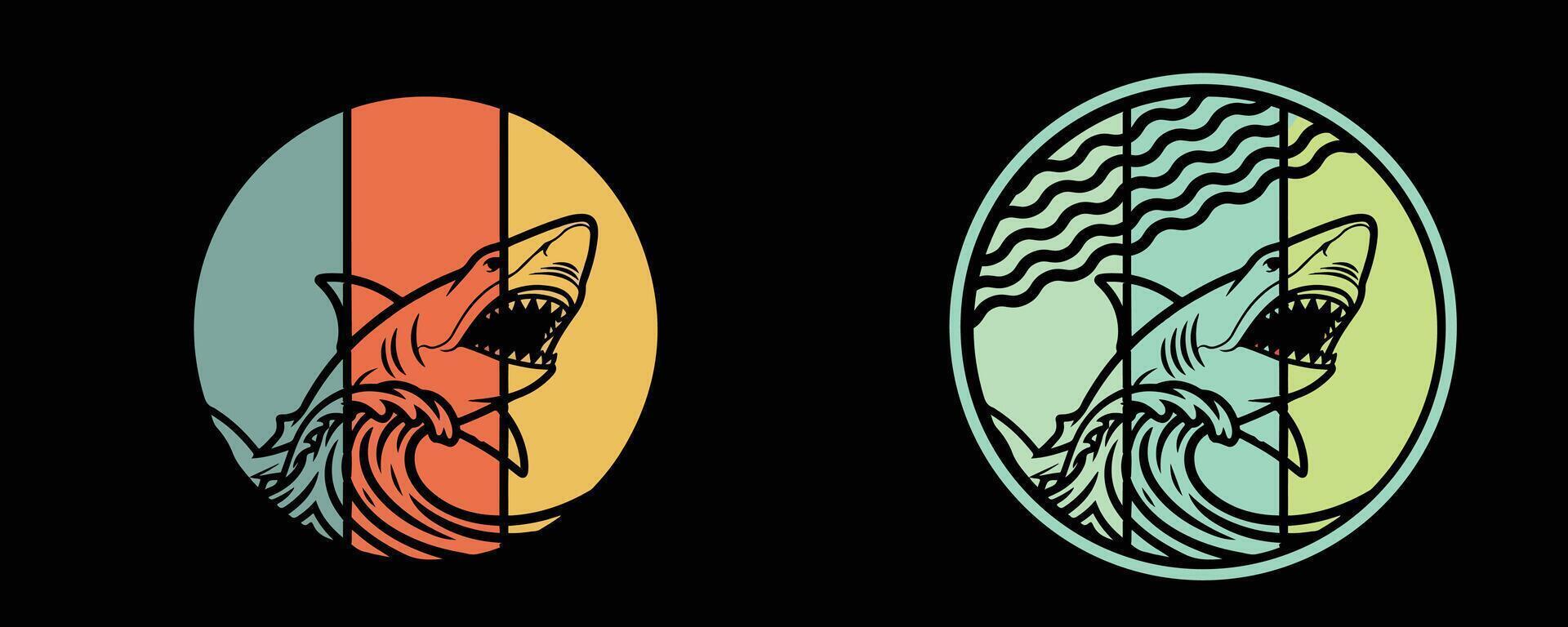 Two circular emblems featuring a shark leaping from the water with stylized waves bundle design vector