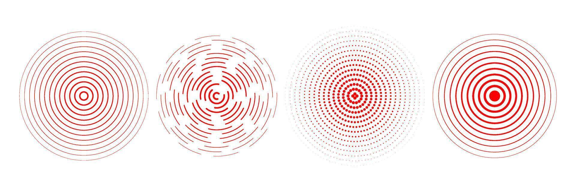 Red radial concentric circle set. Rippled, dashed and dotted rings for epicenter, target, radar, earthquake shockwave symbols. Sound wave signal collection. Expansive vibration elements vector