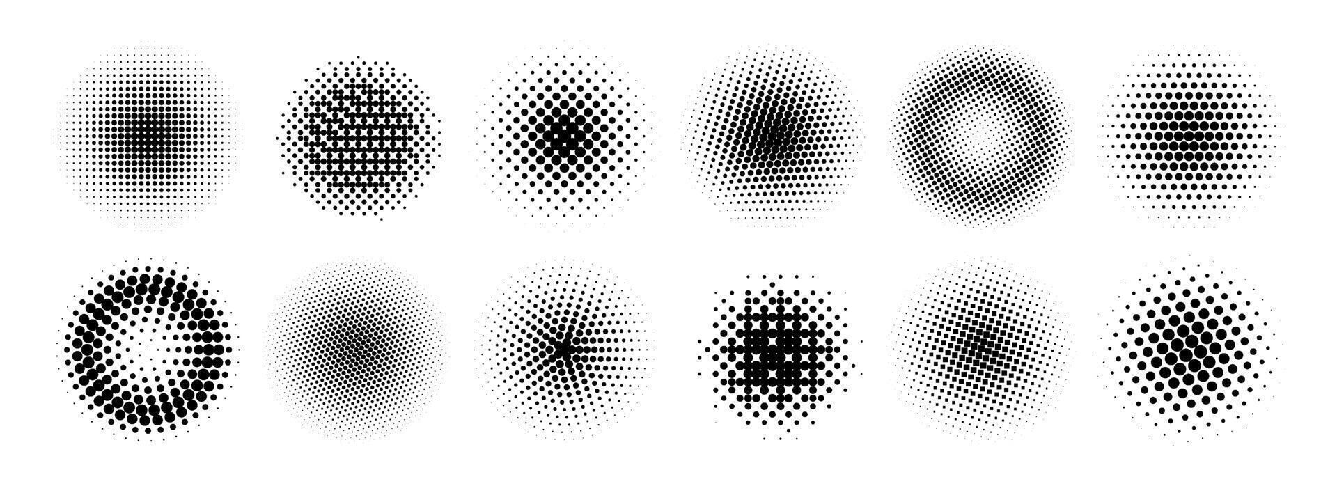 Halftone radial gradient collection. Dotted texture round patterns. Comic faded circles background set. Abstract pixelated elements for frame, poster, collage, banner, flyer. Cartoon bundle vector