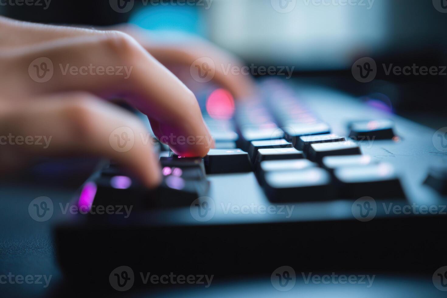 Fingers typing rapidly on a low-latency keyboard during a gaming session photo