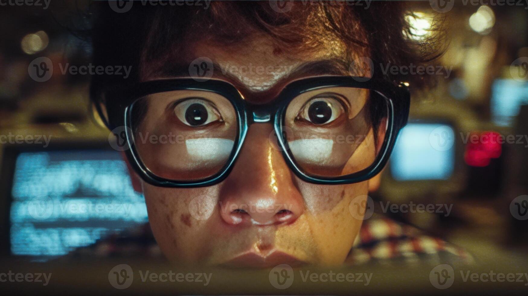 Engaged individual observes data on computer screens in a dark environment photo