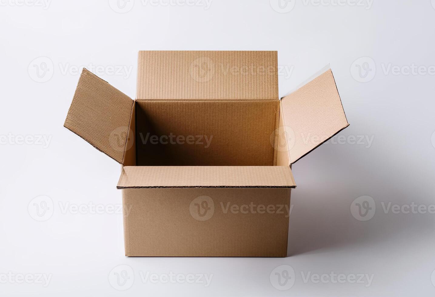 Open, empty corrugated cardboard box centered on a plain white surface, lit photo