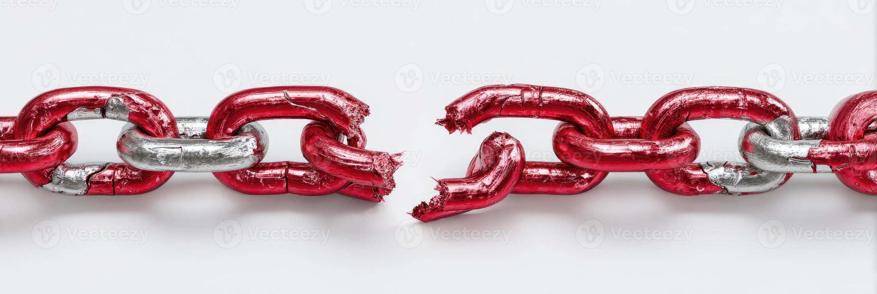 A broken chain of metallic red links, showing separation against a clean, white backdrop photo