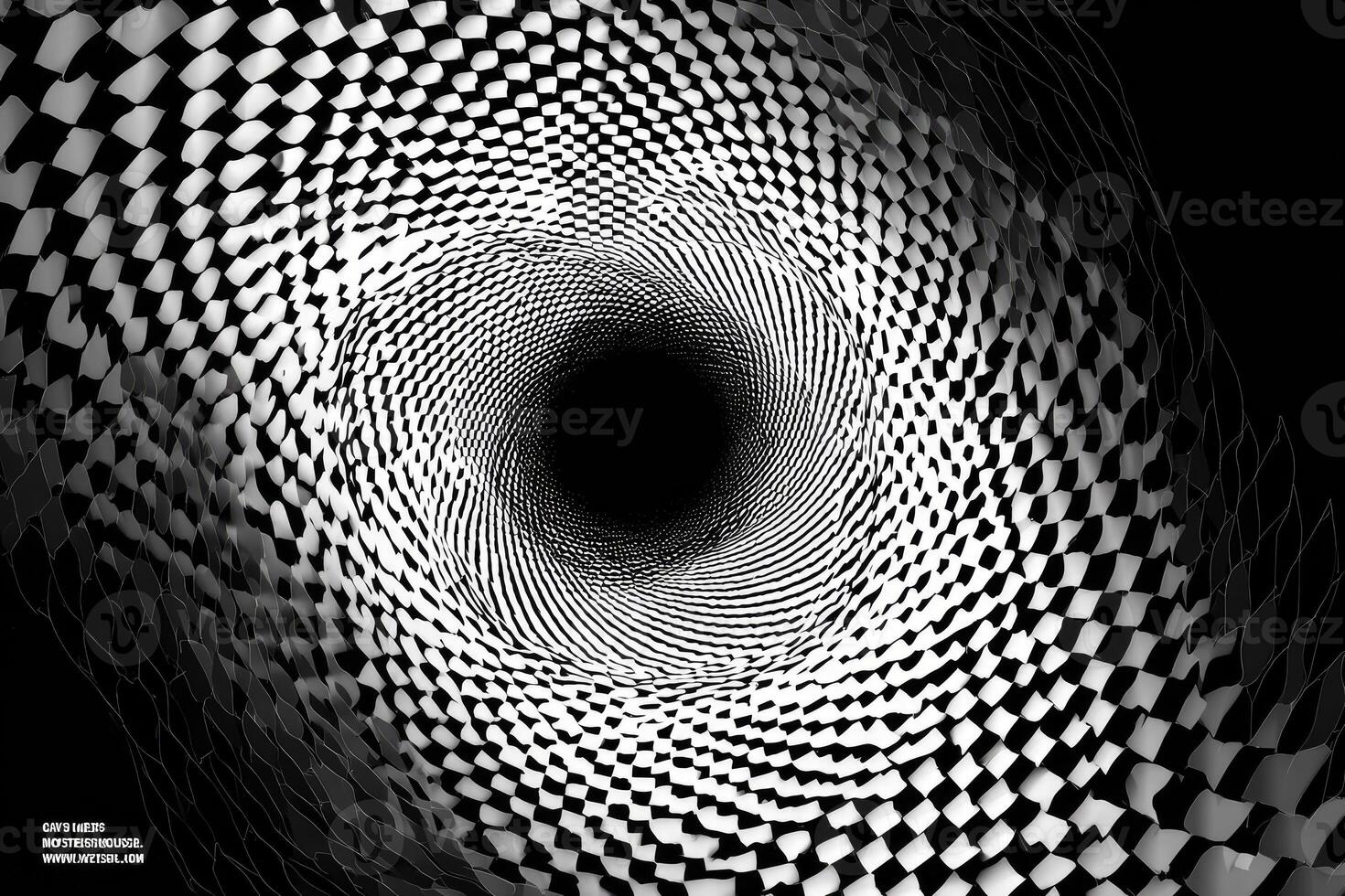An optical illusion of a spiraling checkerboard pattern converging toward a central void photo