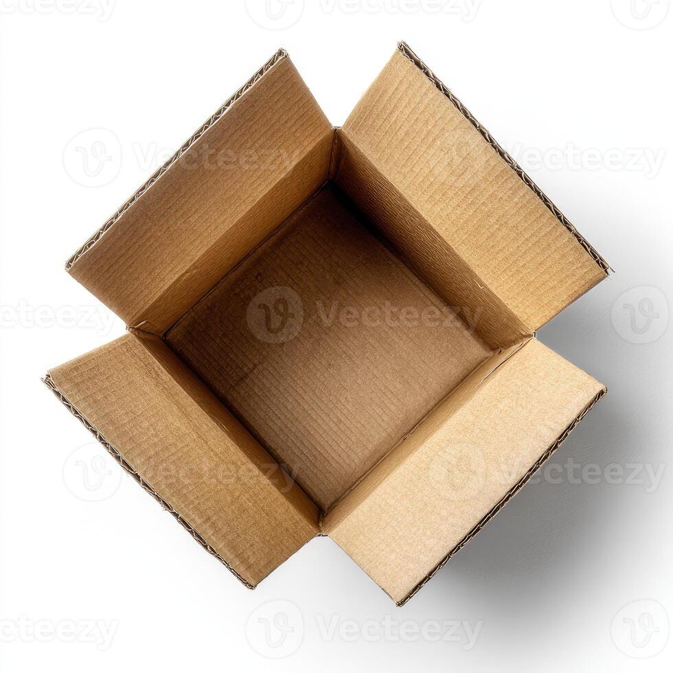 Open, empty, rectangular cardboard container, seen from above against a white background photo