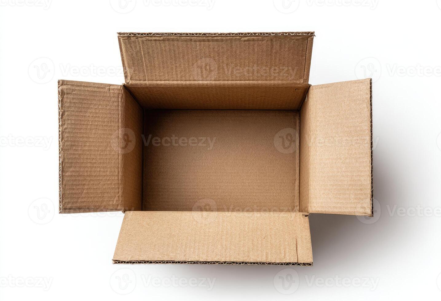 Overhead view of an open, empty, rectangular cardboard box, with flaps extended photo