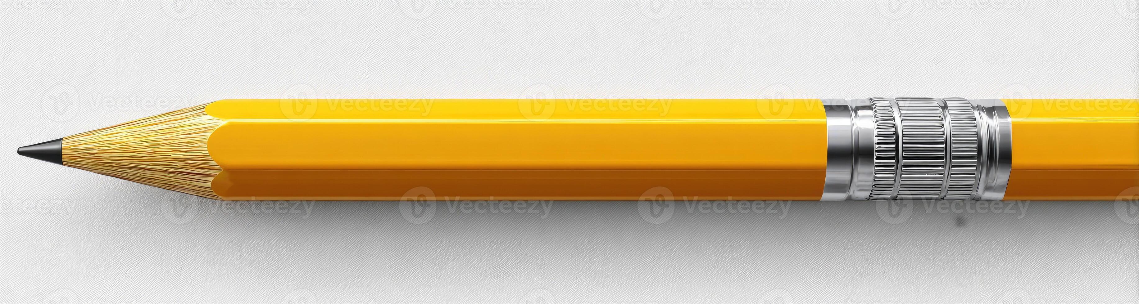 Close-up shot of a yellow hexagonal pencil with a sharp tip and eraser. Focus on detail photo