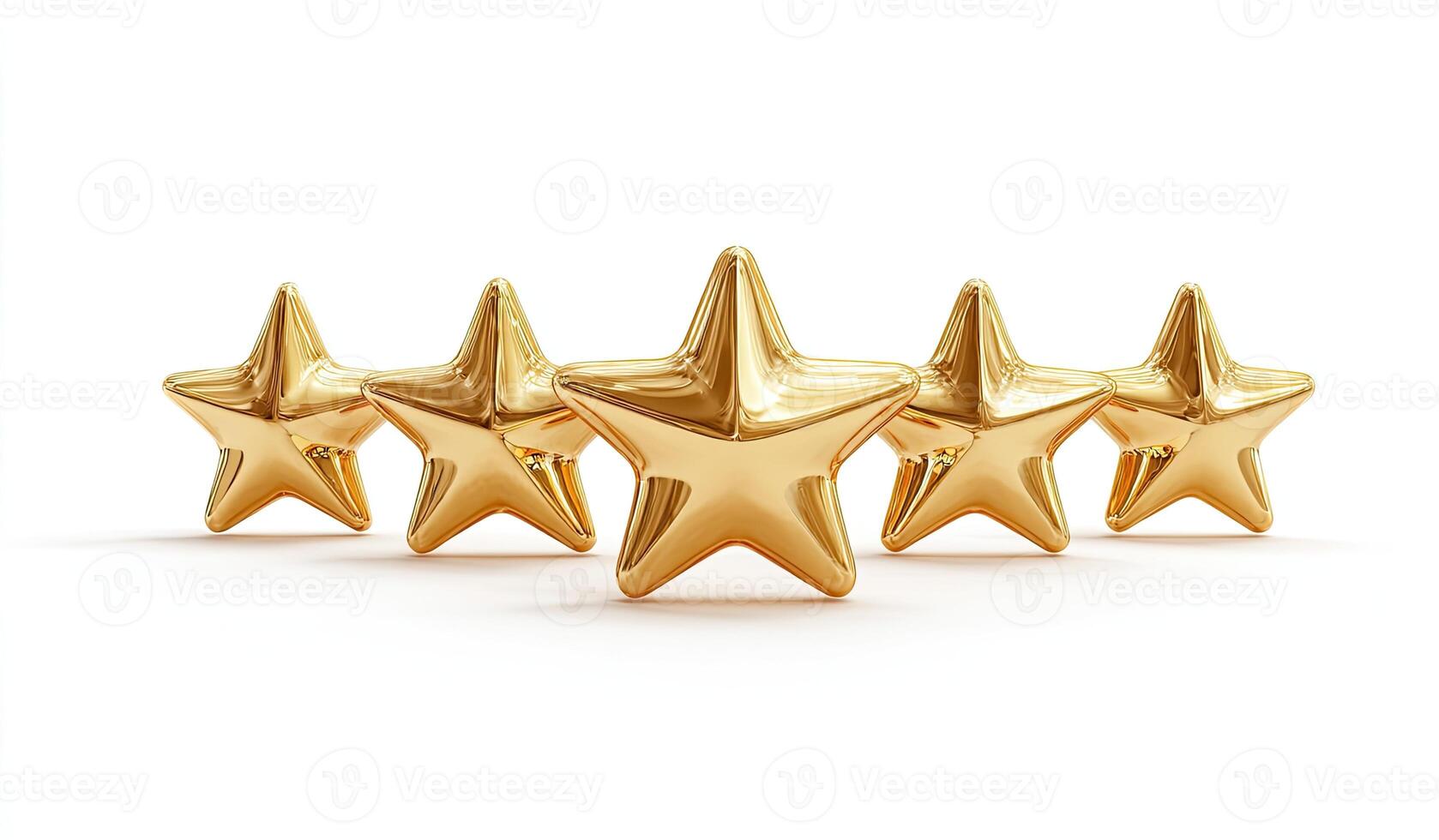 Five gold, glossy, 3D-rendered stars arranged in a line, casting subtle shadows on a white background photo