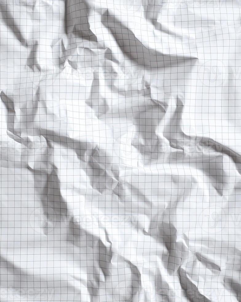 Crinkled graph paper in a vertical orientation, with deep shadows and visible grid lines photo