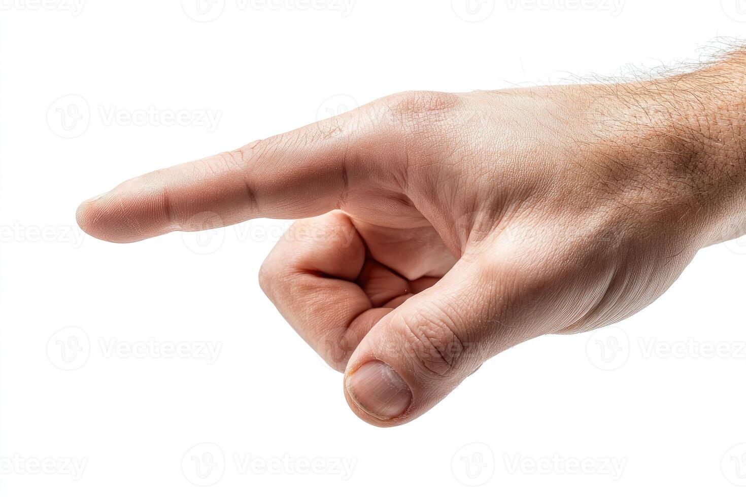 A close-up of a hand with index finger extended, pointing to the left on a white background photo