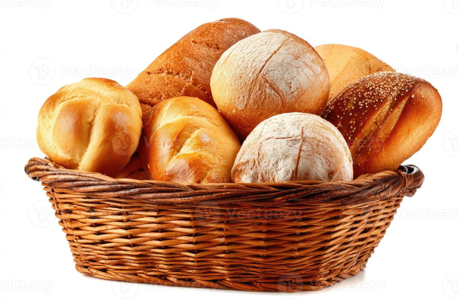 A wicker basket overflows with various golden-brown breads and rolls, a tempting display photo
