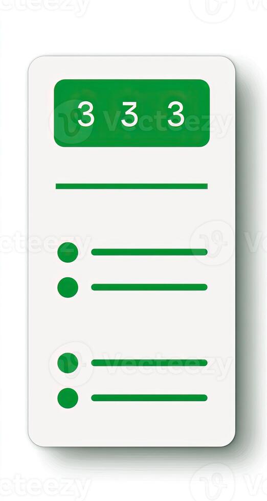 White rectangular card with green details and numbers. Three 3s on top, dots below photo