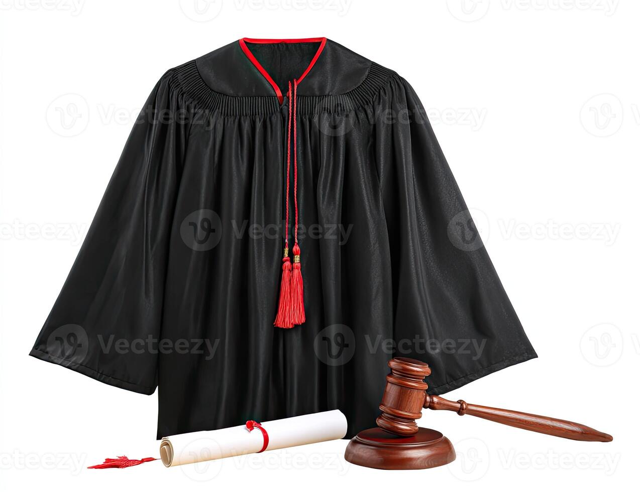 A judge's robe with red trim, tassels, gavel, and rolled document on a white background photo