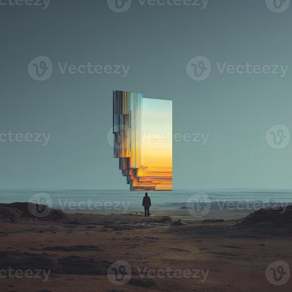 A lone figure stands before a fragmented, hovering vertical structure reflecting a sunset landscape photo
