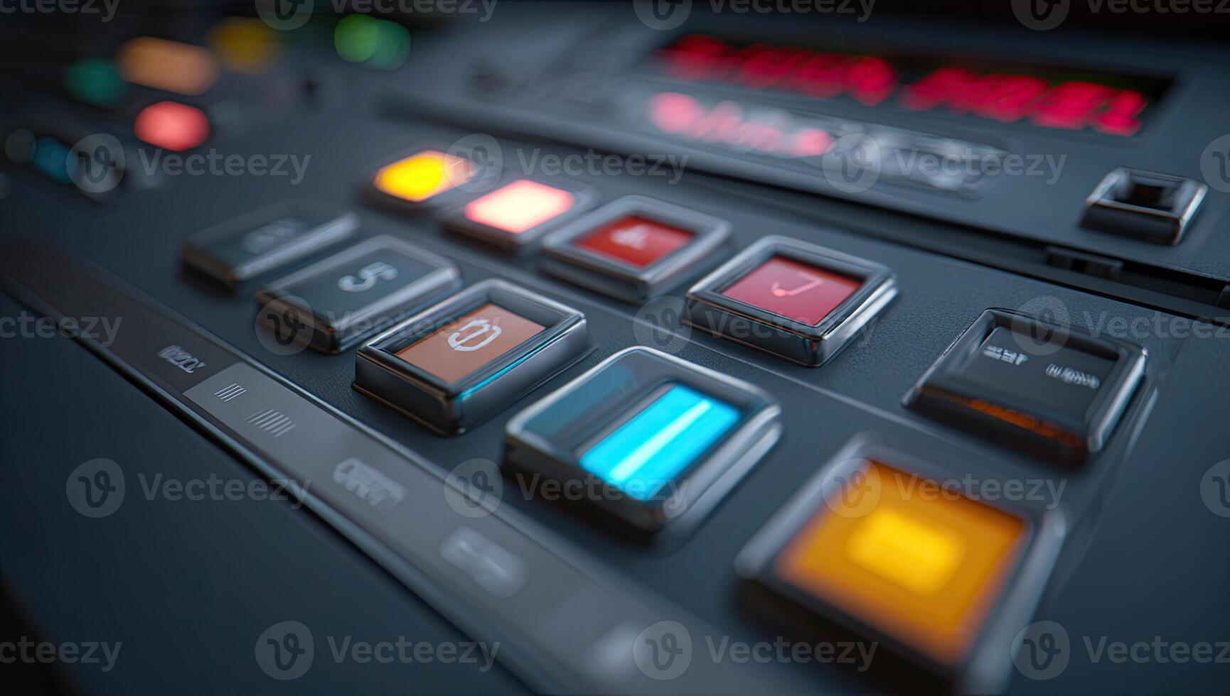 Close-up of a console with illuminated buttons and digital display in muted lighting photo