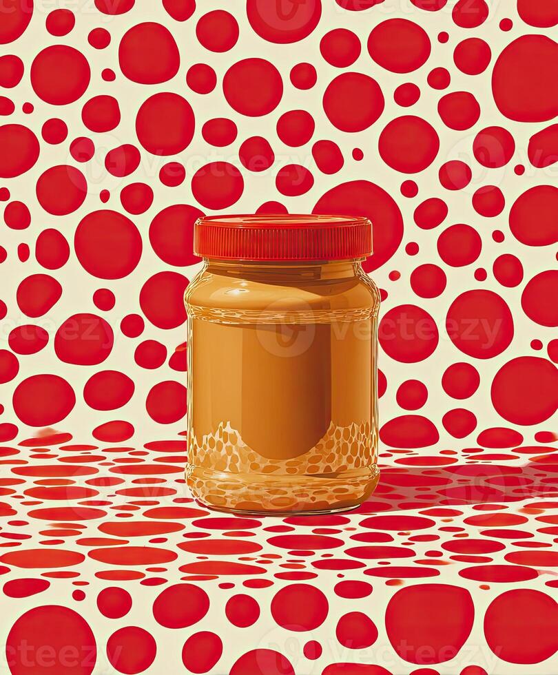 A jar of peanut butter rests against a backdrop and surface of red polka dots on beige photo