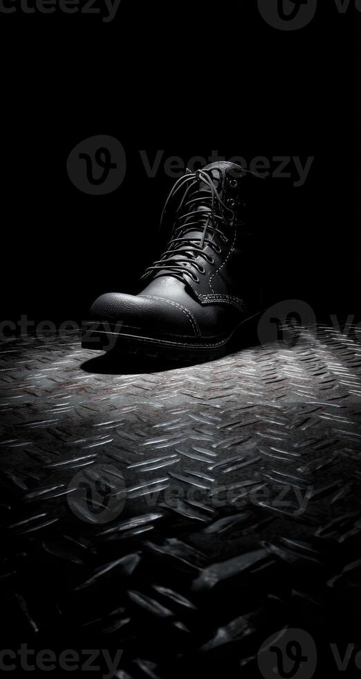 A combat boot, shadowed in a dark space, rests on a diamond-plated surface photo