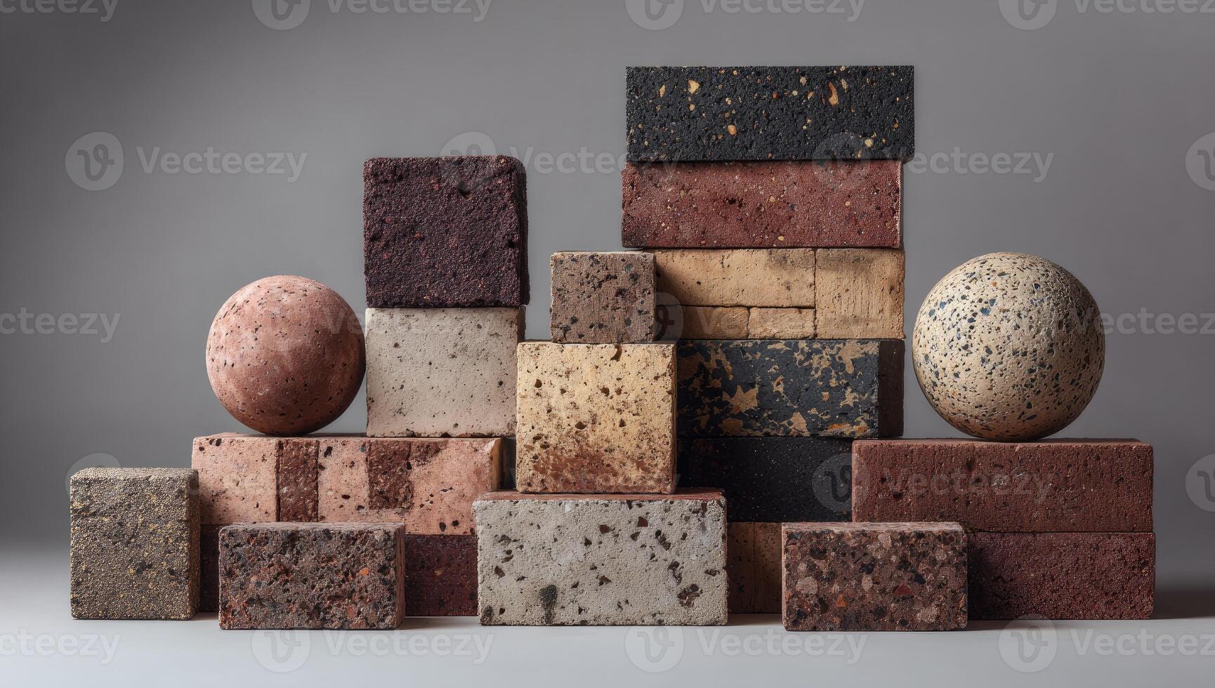Assortment of various reddish-brown textured rectangular and spherical building blocks photo