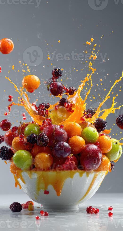 Vibrant fruit bowl with exploding juice, offering a refreshing burst of color and flavor photo