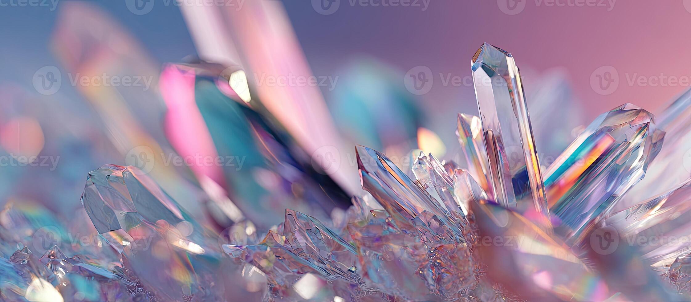 Close-up of a cluster of translucent, sharp-pointed crystals with colorful refraction against a gradient photo