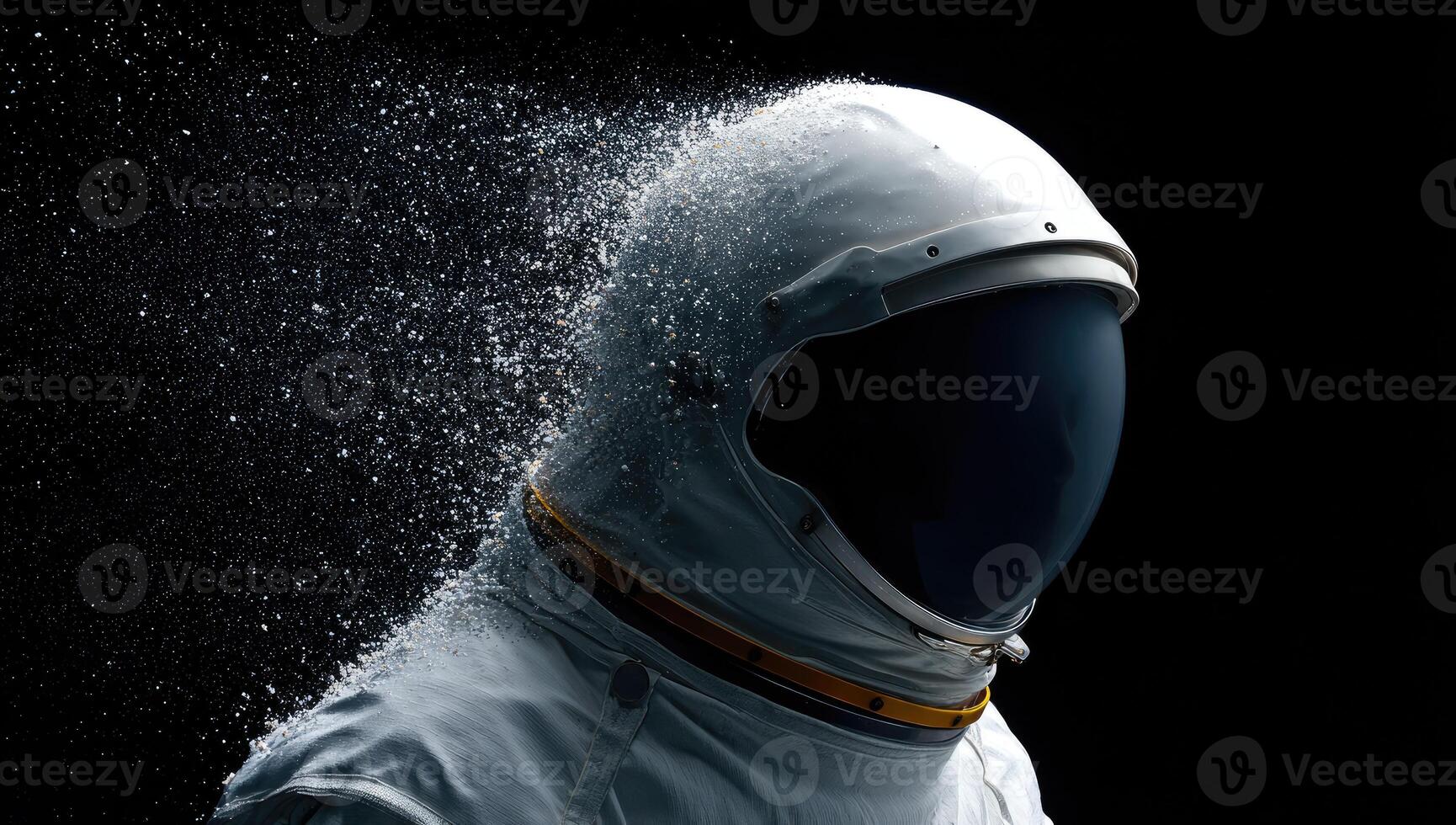 An astronaut in a white spacesuit has particles emitting from the helmet, against a black void photo